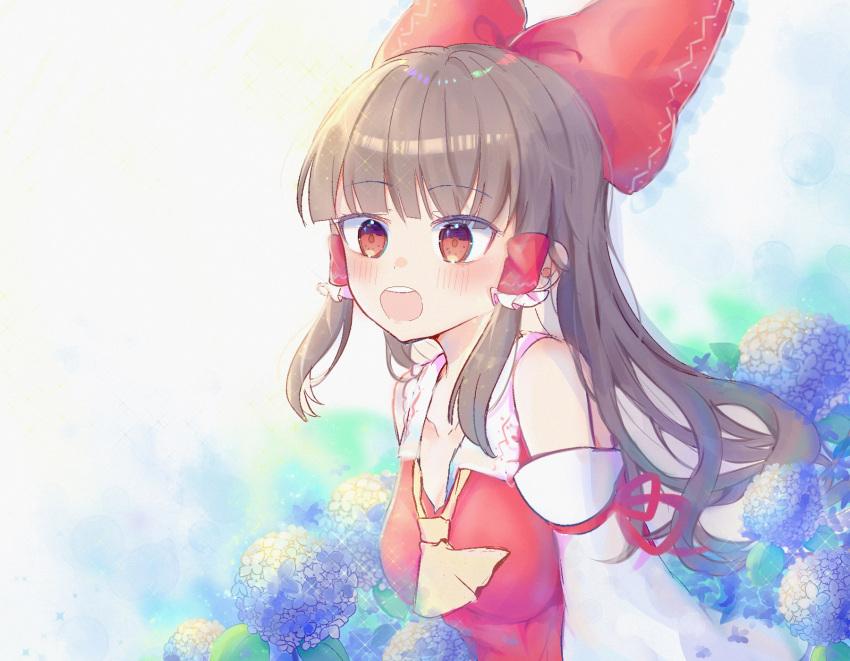 1girl ascot bangs bare_shoulders blue_background blush bow brown_hair detached_sleeves eyebrows_visible_through_hair flower hair_bow hair_tubes hakurei_reimu highres hydrangea long_hair looking_at_viewer open_mouth red_bow red_eyes ribbon_trim sidelocks solo ssmlqzdss touhou upper_body yellow_neckwear