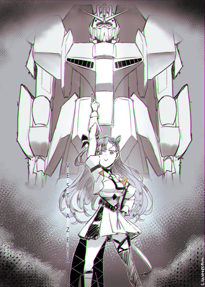 1girl absurdres asymmetrical_legwear character_name chromatic_aberration dress erasorpepero gundam hand_on_hip highres hololive hololive_indonesia long_hair mecha namesake pointing pointing_up signature single_thighhigh smile thighhighs vestia_zeta virtual_youtuber zeta_gundam zeta_gundam_(mobile_suit)