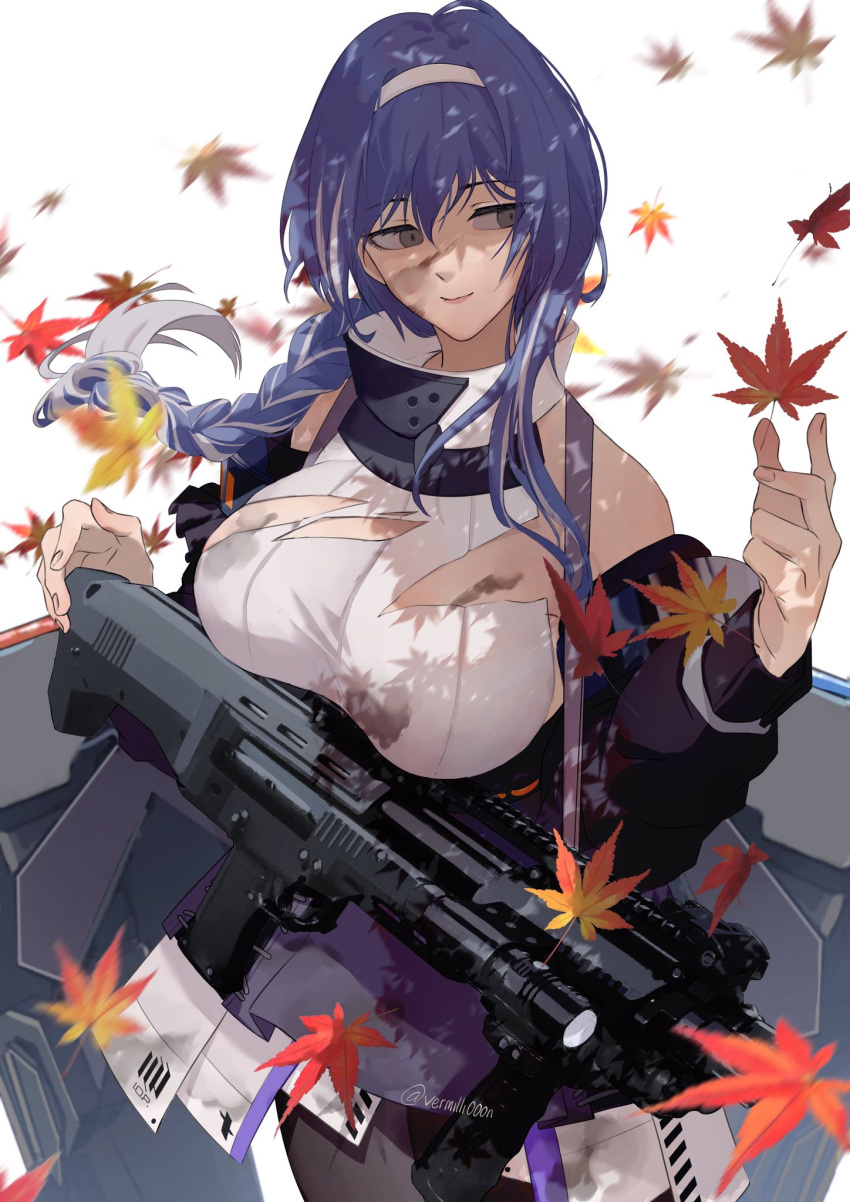 1girl arm_up bangs black_legwear blue_hair blue_jacket blue_skirt braid braided_ponytail breasts closed_mouth dp-12_(girls'_frontline) eyebrows_visible_through_hair girls'_frontline grey_eyes gun hairband highres holding holding_gun holding_weapon jacket jacket_pull large_breasts lips long_hair looking_away pantyhose petals shotgun skirt smile solo standard_manufacturing_dp-12 standing sweater_vest torn_sweater_vest twitter_username vermilli000n weapon white_background white_hairband white_sweater_vest