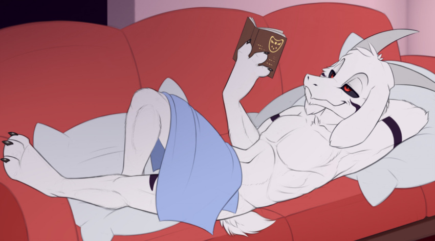 2021 3_toes alternate_version_at_source anthro asriel_dreemurr biped black_sclera book boss_monster bovid caprine claws feet furniture holding_book holding_object lying male mammal meraence mostly_nude nude on_back red_eyes smile sofa solo toe_claws toes towel undertale undertale_(series) video_games