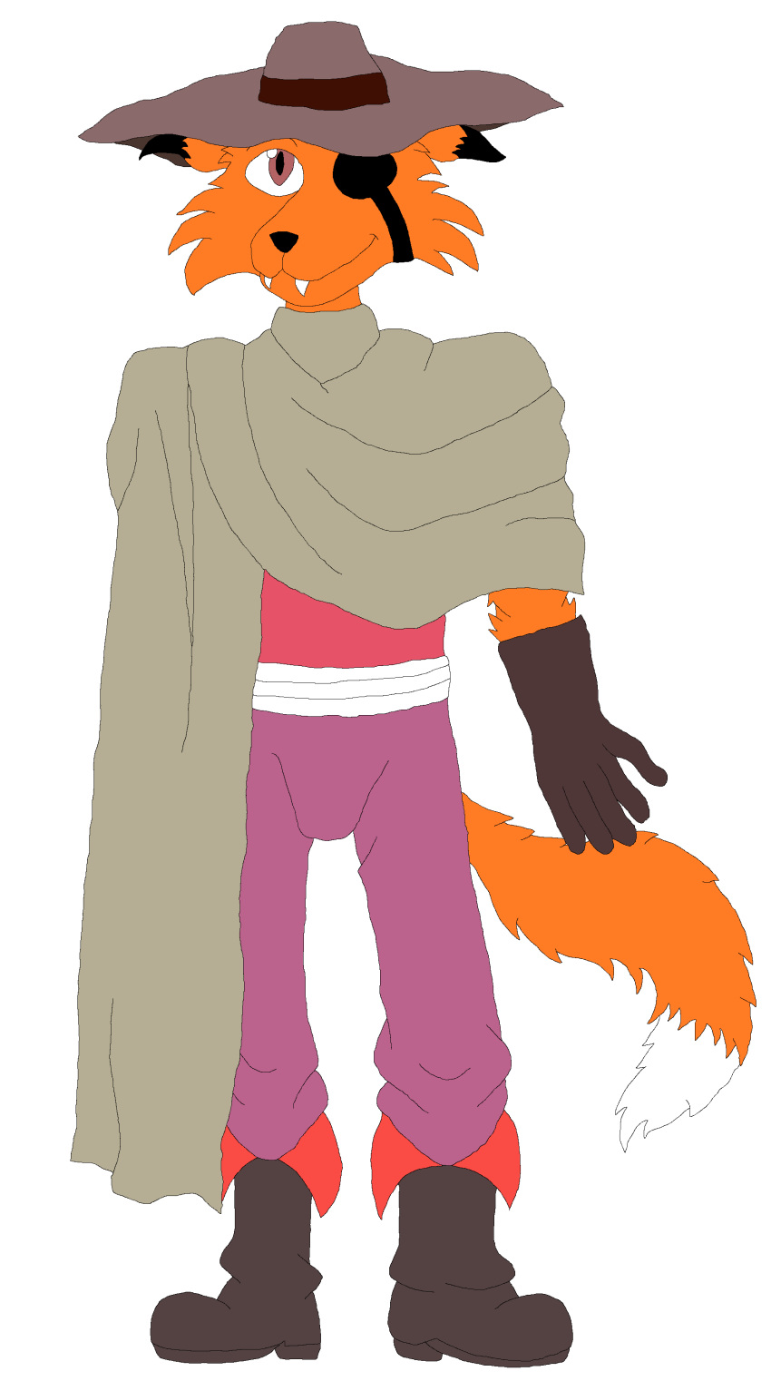 absurd_res anthro boots brown_eyes bulge canid canine cape clothed clothing darkbolt eye_patch eyewear fangs footwear fox fur gloves handwear hat headgear headwear hi_res jillas male mammal orange_body orange_fur red_fox slayers slayers_try solo