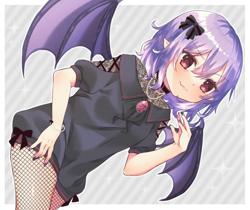 1girl bat_wings blush bow fishnet_legwear fishnets hair_between_eyes hayu_(hayu_e) highres jewelry looking_at_viewer nail_polish pantyhose pointy_ears puffy_short_sleeves puffy_sleeves red_eyes red_nails remilia_scarlet short_hair short_sleeves smile solo striped striped_background touhou vertical_stripes wings