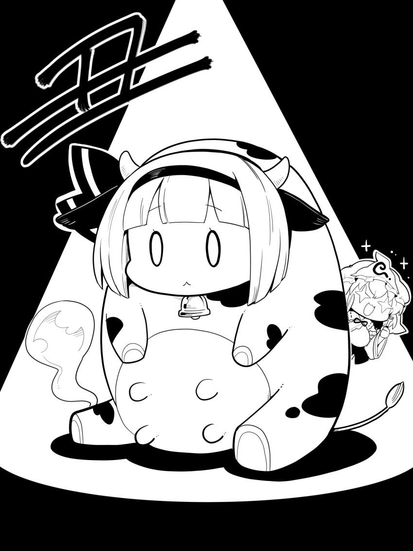 2girls absurdres animal_costume bell cow_costume cow_horns cow_tail fork futa_(nabezoko) greyscale highres horns japanese_clothes knife konpaku_youmu konpaku_youmu_(ghost) light monochrome multiple_girls saigyouji_yuyuko sitting sparkling_eyes tail touhou unamused white_hair