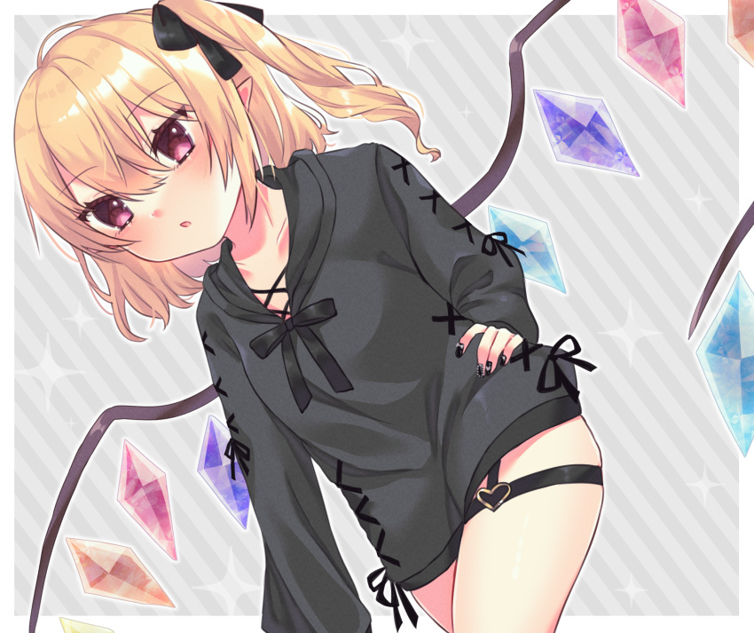 1girl black_bow blonde_hair blush bow collarbone crystal drawstring eyebrows_visible_through_hair flandre_scarlet hair_between_eyes hair_bow hayu_(hayu_e) highres hood hoodie long_sleeves looking_at_viewer pointy_ears red_eyes sleeves_past_wrists solo touhou wings