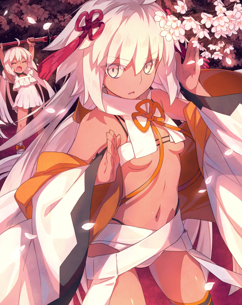 2girls ahoge bangs bare_shoulders bikini black_legwear breasts dark-skinned_female dark_skin fate/grand_order fate_(series) grey_eyes haori highres japanese_clothes long_hair long_sleeves looking_at_viewer medium_breasts multiple_girls navel off_shoulder okita_souji_(fate) okita_souji_alter_(swimsuit_saber)_(fate) open_mouth rengoku_(fate) saipaco smile swimsuit tassel thighhighs thighs very_long_hair white_bikini white_hair wide_sleeves