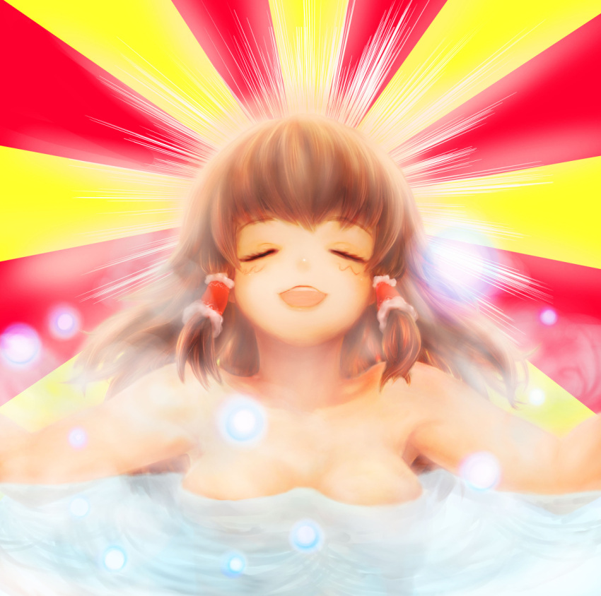 1girl bangs bathing blush breasts brown_hair closed_eyes commentary_request cookie_(touhou) frilled_hair_tubes frills hair_tubes hakurei_reimu kanna_(cookie) khn_(kihana) large_breasts long_hair no_hat no_headwear open_mouth revision smile solo sunburst sunburst_background touhou upper_body water