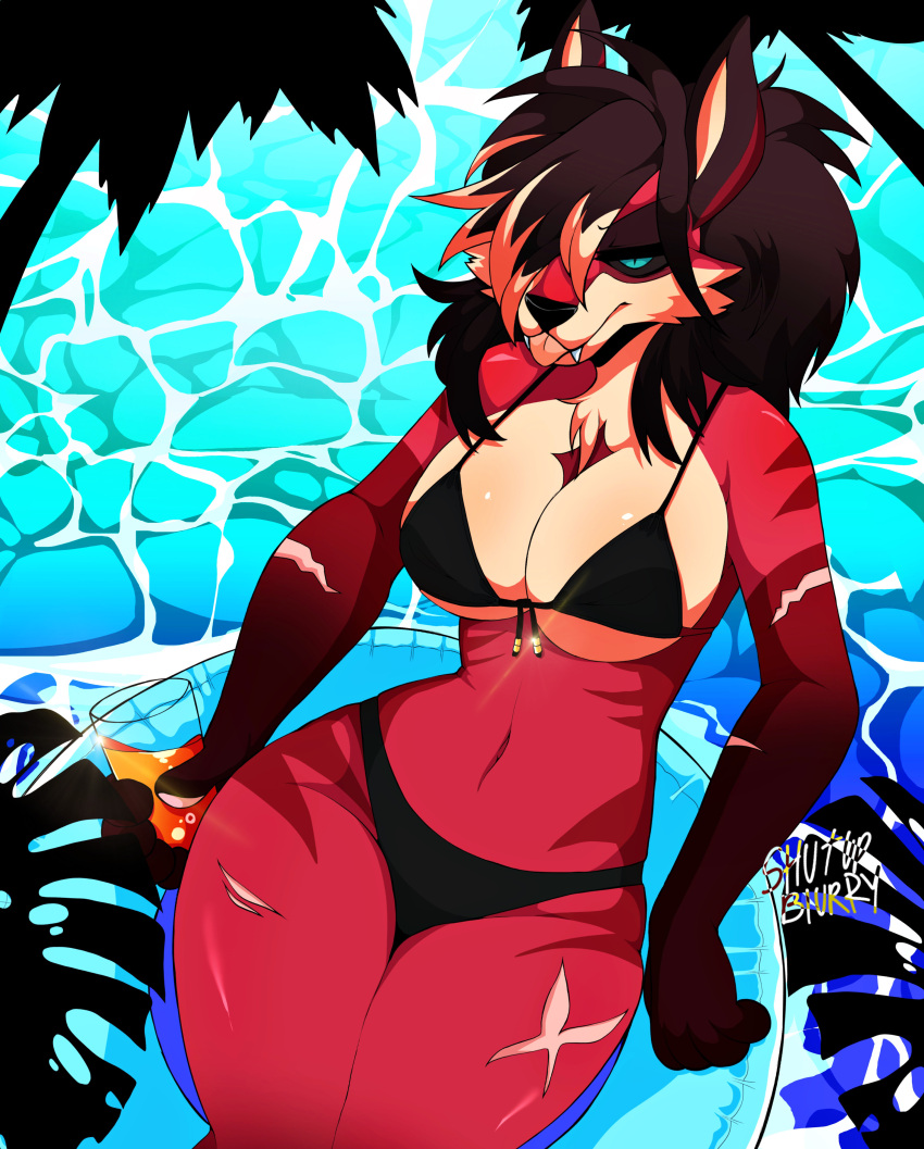 absurd_res anthro big_breasts bikini breasts canid canine canis clothed clothing female fox fur hair hi_res mammal scar shutupblurry solo swimwear wolf