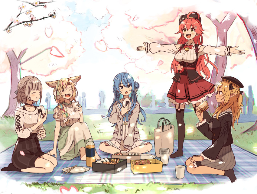 ahoge animal_ears bag barefoot black_hair blonde_hair blue_eyes blue_hair bottle braid breasts choker chopsticks closed_eyes cup dress food fox_ears fox_girl french_braid fruit grass green_eyes hair_ornament hair_over_shoulder hairclip hat highres hololive hoshimachi_suisei indian_style kaigaraori large_breasts long_hair long_skirt medium_breasts medium_skirt multicolored_hair no_shoes omaru_polka onigiri open_mouth outstretched_arms picnic pink_hair plaid plaid_skirt plate pointy_ears sailor_dress sakura_miko sandwich seiza shiranui_flare shirogane_noel side_bun single_braid sitting skirt smile standing standing_on_one_leg star_(symbol) star_in_eye strawberry streaked_hair symbol_in_eye thighhighs tree virtual_youtuber wariza white_dress