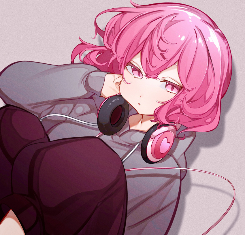 1girl absurdres bangs blush breasts grey_hoodie headphones highres hood hoodie long_sleeves looking_at_viewer niconico nqrse nyannyan_321 pants pink_eyes pink_hair shirt short_hair simple_background solo utaite_(singer)