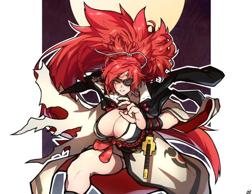 1girl armor babo baiken breasts cape cleavage english_commentary facial_tattoo feet_out_of_frame fighting_stance full_moon guilty_gear guilty_gear_strive guilty_gear_xrd huge_breasts japanese_armor katana kote looking_at_viewer moon one-eyed outline samurai scar scar_across_eye sheath sheathed solo sword tattoo torn_sleeve weapon