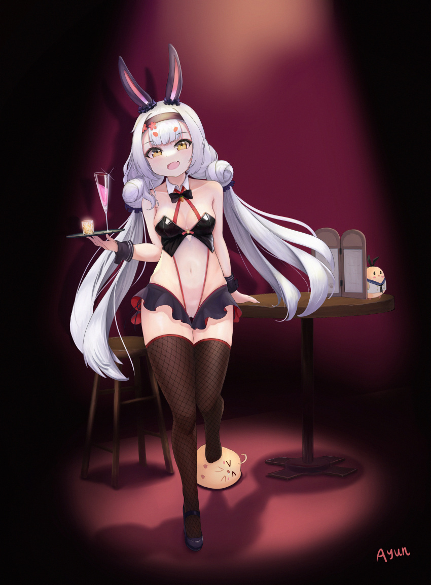 &gt;_&lt; 1girl absurdres animal_ears ayun azur_lane black_footwear breasts brown_legwear chair covered_navel detached_collar extra_eyebrows eyebrows_visible_through_hair fang highres holding holding_tray long_hair looking_at_viewer manjuu_(azur_lane) microskirt official_alternate_costume open_mouth playboy_bunny rabbit_ears round_table shimakaze_(azur_lane) shimakaze_(world's_speediest_bunny_waitress)_(azur_lane) shoes skin_fang skirt small_breasts solo thighhighs tray very_long_hair white_hair wrist_cuffs yellow_eyes