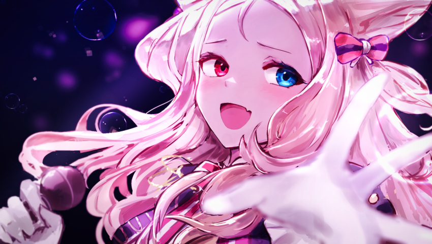 1girl :d animal_ear_fluff animal_ears archetto_(arknights) arknights blue_eyes blurry blurry_background blurry_foreground commentary_request depth_of_field dora_(user_jnfr7827) fang forehead gloves heterochromia highres holding holding_microphone long_hair looking_at_viewer microphone red_eyes smile solo upper_body white_gloves