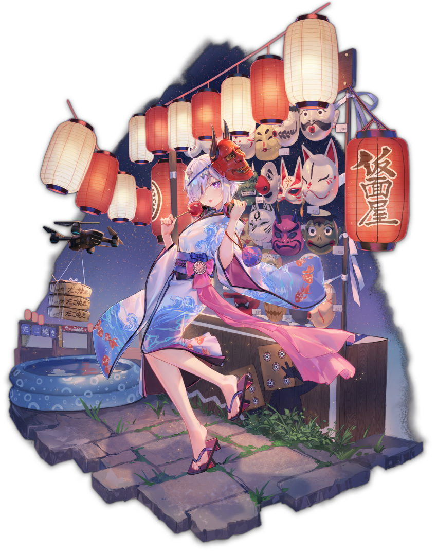 1girl ahoge animal_print artist_request candy_apple drone feet fish_print food fox_mask game_cg grass hair_ornament headphones highres holding holding_food holding_headphones japanese_clothes kappa_mask kimono lantern looking_at_viewer mahjong_soul market_stall mask mask_on_head nipples obi official_art oni_mask paper_lantern plant price_tag purple_eyes quadcopter ribbon sandals sash solo stone_walkway suzumiya_anju third-party_source tongue tongue_out transparent_background twilight wading_pool wave_print white_hair yostar