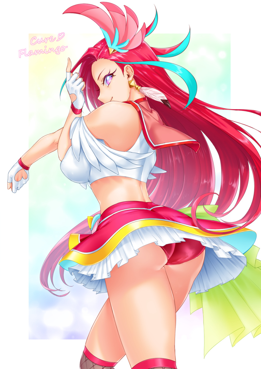 1girl aqua_hair character_name commentary_request cure_flamingo cutout_gloves earrings eyelashes gloves hair_ornament happy highres jewelry kneehighs long_hair looking_at_viewer magical_girl multicolored_hair neziiro precure purple_eyes red_hair simple_background skirt smile solo standing streaked_hair takizawa_asuka tropical-rouge!_precure white_background white_gloves