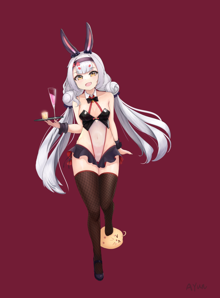 &gt;_&lt; 1girl absurdres animal_ears ayun azur_lane black_footwear breasts brown_legwear chair covered_navel detached_collar extra_eyebrows eyebrows_visible_through_hair fang highres holding holding_tray long_hair looking_at_viewer manjuu_(azur_lane) microskirt official_alternate_costume open_mouth playboy_bunny rabbit_ears red_background shimakaze_(azur_lane) shimakaze_(world's_speediest_bunny_waitress)_(azur_lane) shoes simple_background skin_fang skirt small_breasts solo thighhighs tray very_long_hair white_hair wrist_cuffs yellow_eyes