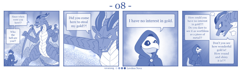 blue_and_white coin comic detailed_background dialogue dragon english_text feral gold_(metal) hi_res horn larger_feral male monochrome size_difference text vavacung wings