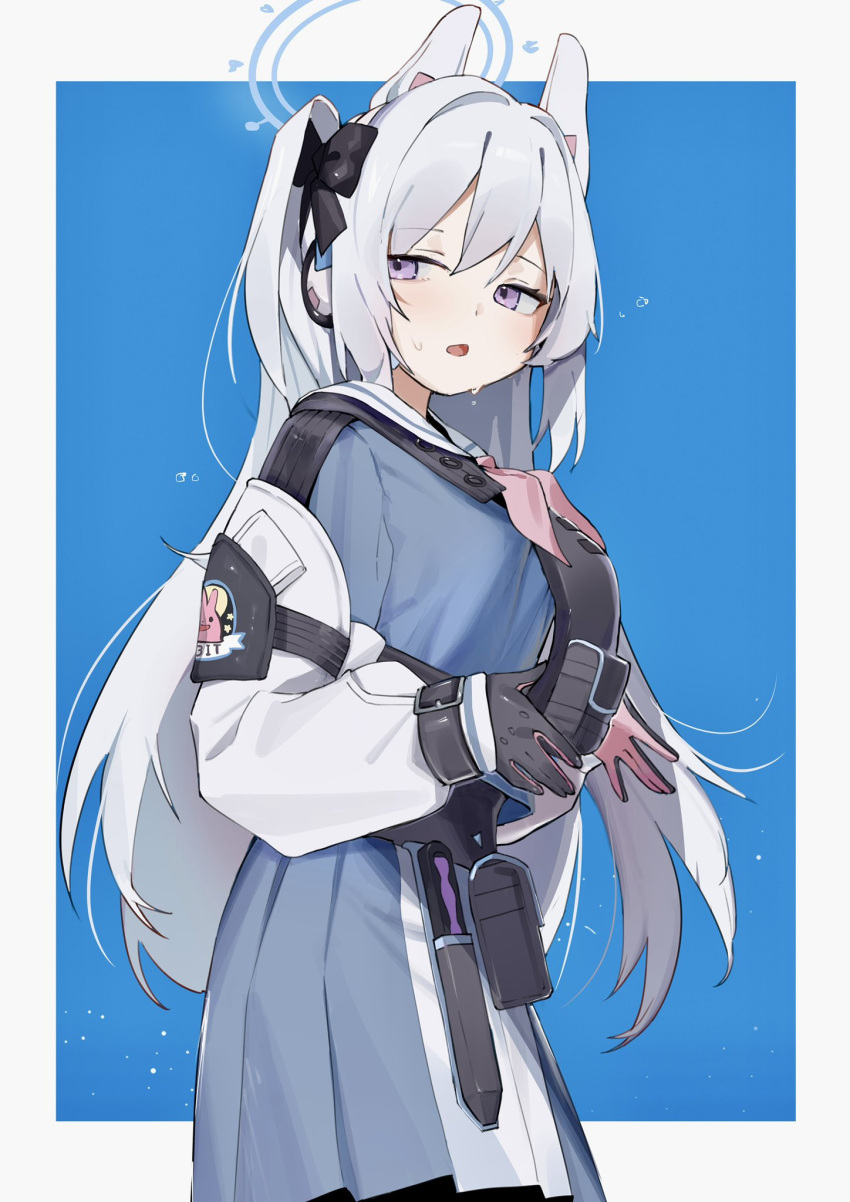 1girl armband belt blue_archive breasts commentary gaeguribanchan gloves hair_ornament halo highres looking_to_the_side medium_breasts miyako_(blue_archive) purple_eyes ribbon school_uniform silver_hair simple_background sweat tactical_clothes