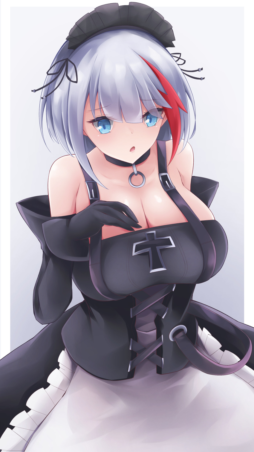 1girl absurdres admiral_graf_spee_(azur_lane) alternate_breast_size alternate_costume apron azur_lane black_choker black_dress black_gloves blue_eyes breasts choker cross detached_sleeves dress enmaided frilled_apron frills gloves grey_background highres iron_cross large_breasts maid maid_headdress multicolored_hair osatou_(soul_of_sugar) red_hair simple_background solo standing streaked_hair two-tone_hair waist_apron white_apron white_hair