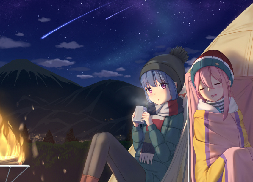 2girls :o abwan bangs beanie black_headwear black_legwear blue_hair blue_jacket blush brown_footwear burning campfire closed_eyes cloud commentary drooling eyebrows_visible_through_hair falling_star feet_out_of_frame fire fringe_trim hair_between_eyes hat highres jacket kagamihara_nadeshiko knees_up long_sleeves mountain multiple_girls night night_sky open_mouth outdoors pantyhose parted_lips pink_hair purple_eyes red_headwear saliva scarf shima_rin sitting sky sleeping star_(sky) starry_sky striped symbol-only_commentary tent yurucamp
