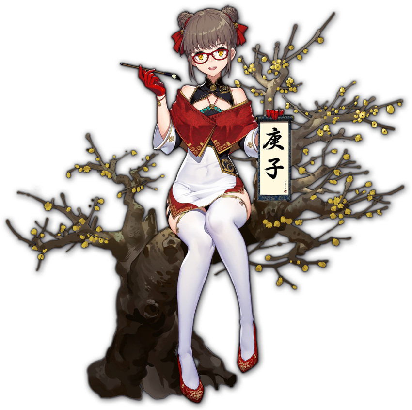 1girl artist_request bangs bracelet branch brown_hair calligraphy double_bun game_cg glasses holding holding_brush holding_scroll in_tree jewelry mahjong_soul ninomiya_hana official_art red-framed_eyewear red_eyes red_footwear scroll simple_background sitting sitting_in_tree thighhighs third-party_source transparent_background tree yostar
