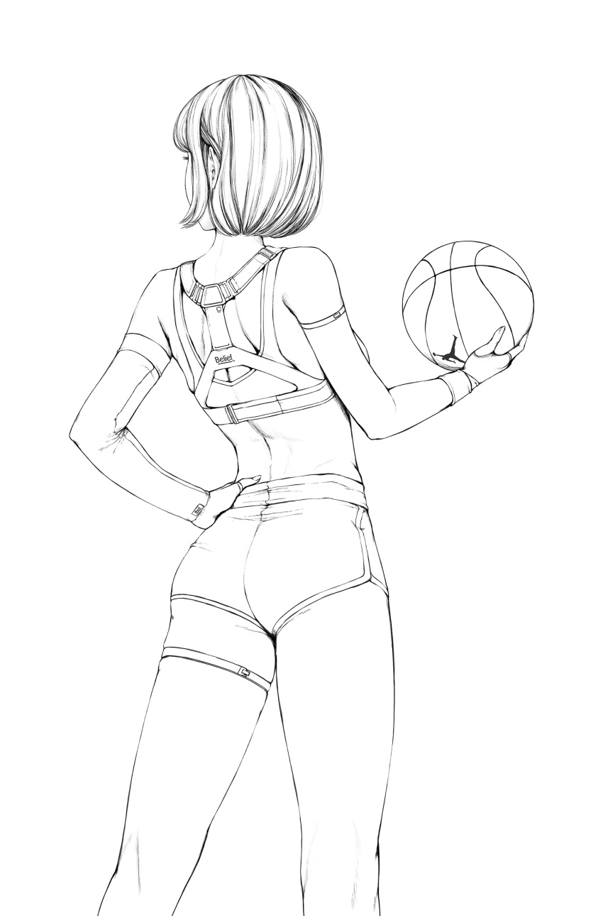 1girl absurdres arm_up armpits ass ball bare_back bare_shoulders basketball bob_cut bra breasts dolphin_shorts from_behind gloves greyscale hancho_xo hands_on_hips highres holding holding_ball looking_afar looking_away medium_breasts monochrome short_shorts shorts simple_background sketch skin_tight skindentation sleeveless solo sports_bikini sports_bra sportswear standing thighs underwear white_background