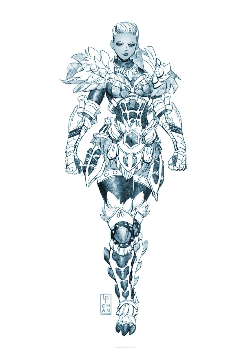 1girl armor avatar_(monster_hunter) basarios_(armor) boobplate clenched_hands dark-skinned_female dark_skin english_commentary faulds frills full_armor full_body gauntlets goss_harag_(armor) greaves highres knee_pads looking_to_the_side monochrome monster_hunter_(series) monster_hunter_rise pechan short_hair solo standing thighhighs very_short_hair white_background