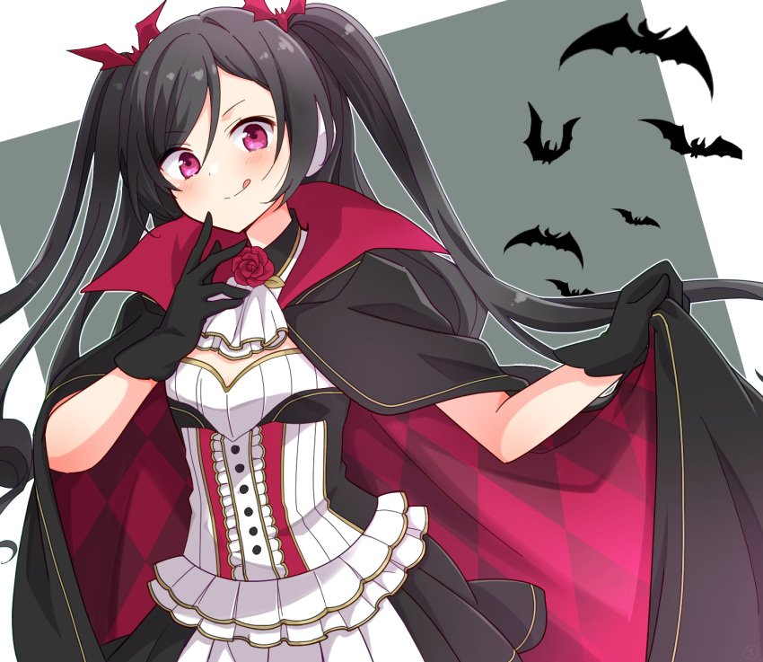 1girl :q argyle ascot bat bat_hair_ornament black_gloves black_hair blush cape cloak enkichi_totan flower gloves grey_background hair_ornament highres holding holding_cape holding_clothes long_hair looking_at_viewer pink_eyes rose sakusabe_chiko solo station_memories tongue tongue_out twintails two-tone_background upper_body white_background