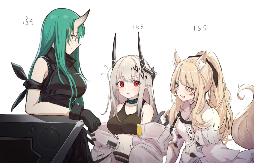3girls absurdres animal_ears arknights arm_ribbon armor bangs bare_shoulders black_gloves black_ribbon blemishine_(arknights) blonde_hair breastplate breasts brown_eyes closed_mouth collar collarbone dress eyebrows_visible_through_hair flying_sweatdrops gloves green_hair hair_ornament height_chart highres horse_ears horse_girl horse_tail hoshiguma_(arknights) infection_monitor_(arknights) large_breasts long_hair long_sleeves looking_at_another looking_at_viewer looking_down mudrock_(arknights) multiple_girls navel open_clothes open_mouth oripathy_lesion_(arknights) parted_lips ponytail red_eyes ribbon shield sidelocks silver_hair simple_background sleeveless smile sports_bra tail upper_body very_long_hair white_background white_dress yakurope-moko