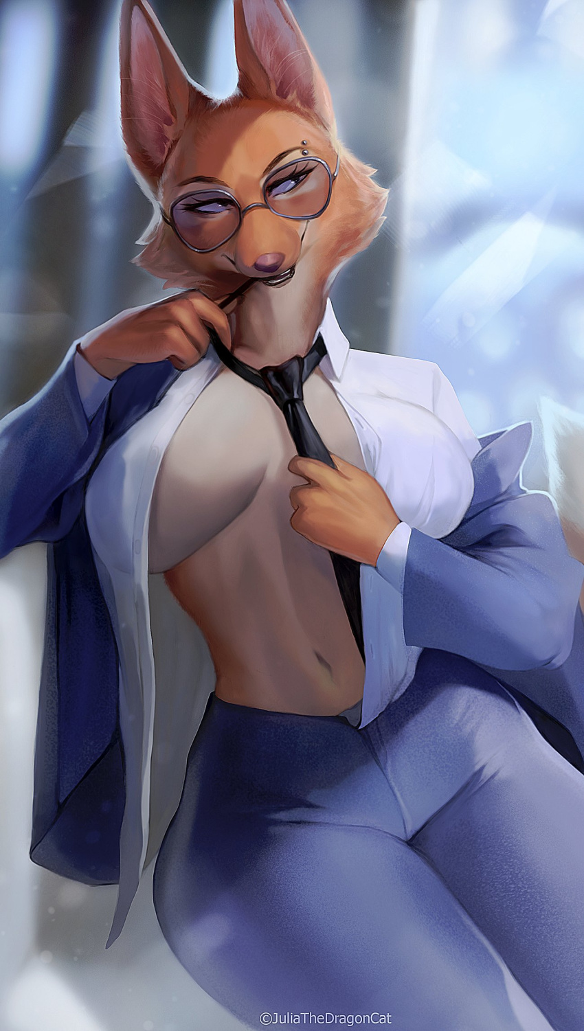 2022 anthro big_breasts breasts canid canine clothed clothing diane_foxington dreamworks eyewear facial_piercing female fox fur glasses hi_res juliathedragoncat mammal piercing red_body red_fur solo the_bad_guys