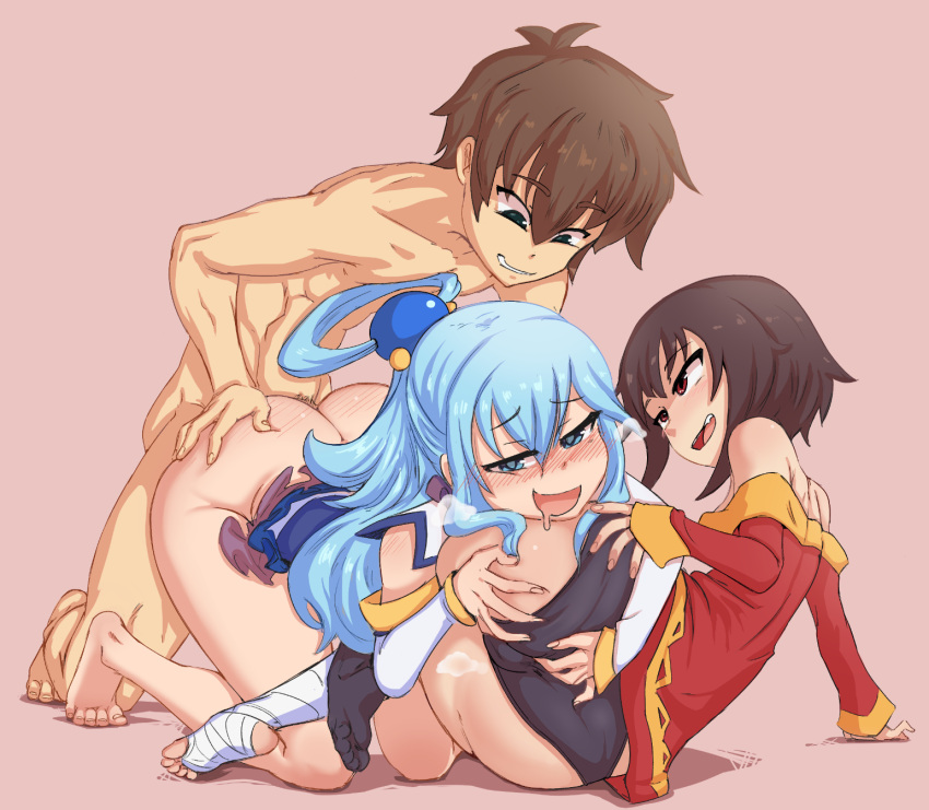 1boy 2girls aqua_(konosuba) ass ass_grab asymmetrical_legwear bandaged_leg bandages bare_legs bare_shoulders barefoot beige_background bisexual_female black_panties blue_eyes blue_hair blush brown_hair clothed_female_nude_male detached_sleeves doggystyle dress drooling eyebrows_visible_through_hair feet ffm_threesome grabbing_another's_ass green_eyes groping group_sex hair_between_eyes highres huge_ass kono_subarashii_sekai_ni_shukufuku_wo! long_hair long_sleeves lying megumin miniskirt multiple_girls nude on_side open_mouth panties red_dress red_eyes satou_kazuma sex sex_from_behind short_hair short_hair_with_long_locks sidelocks simple_background single_thighhigh skirt smile soles spicy_bardo thighhighs threesome toeless_legwear toenails toes underwear