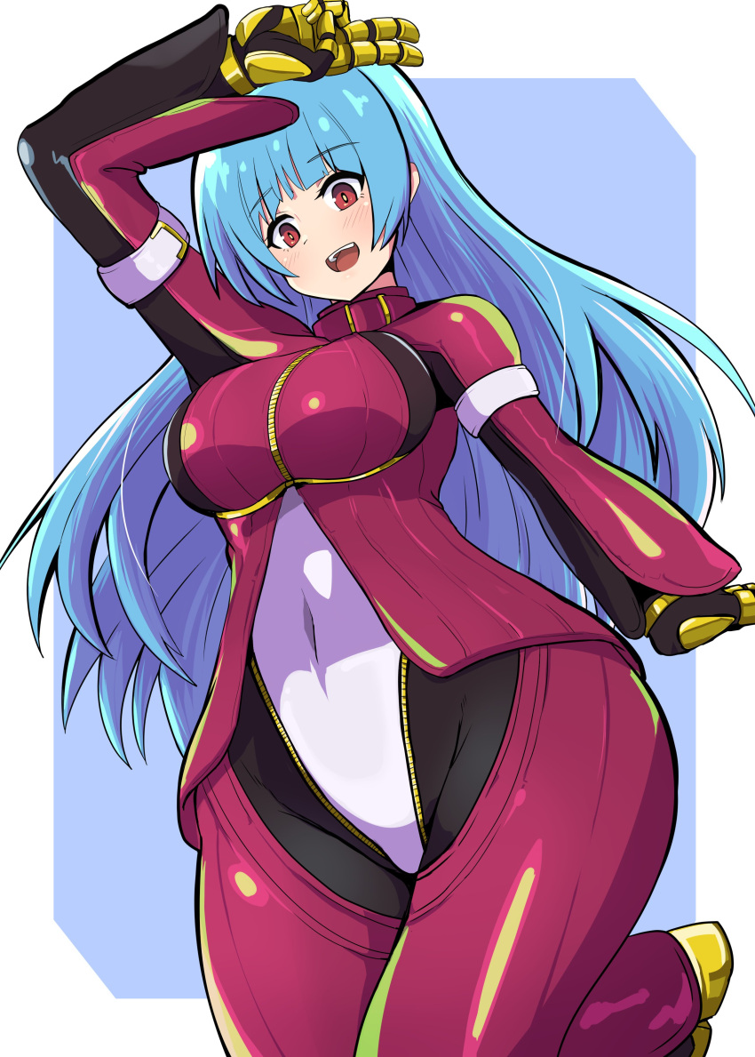 1girl absurdres ass asyura_kumo bangs belt blue_hair bodysuit breasts eyebrows_visible_through_hair full_body gloves highres ice kula_diamond long_hair looking_at_viewer medium_breasts red_eyes simple_background smile the_king_of_fighters the_king_of_fighters_xv white_background zipper