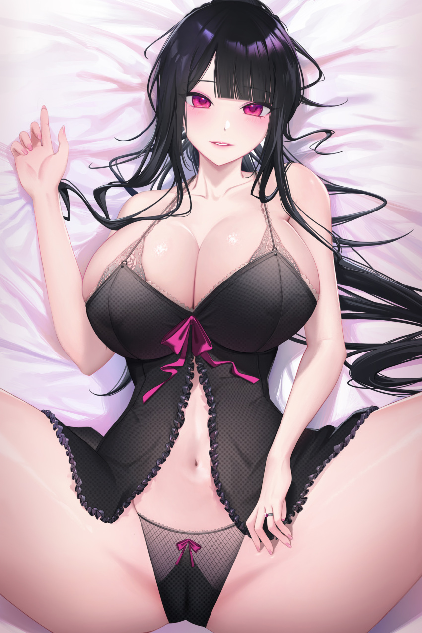 1girl absurdres babydoll bangs bed_sheet black_hair blunt_bangs blush bow bow_panties breasts collarbone eyebrows_visible_through_hair from_above hand_up highres huge_breasts jewelry lace lace_panties lingerie long_hair looking_at_viewer lying navel off_shoulder on_back original panties parted_lips pink_eyes pink_nails pussy ring seoyul shiny shiny_hair shiny_skin solo spread_legs thighs underwear