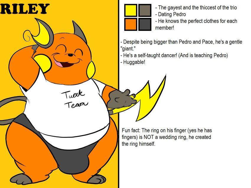 4:3 anthro blastoiseanimator bulge clothing english_text eyes_closed hand_behind_head hi_res male model_sheet nintendo open_mouth open_smile pok&eacute;mon pok&eacute;mon_(species) raichu riley_(blastoiseanimator) ring shirt smile solo text thick_thighs topwear video_games white_clothing white_shirt white_topwear wide_hips