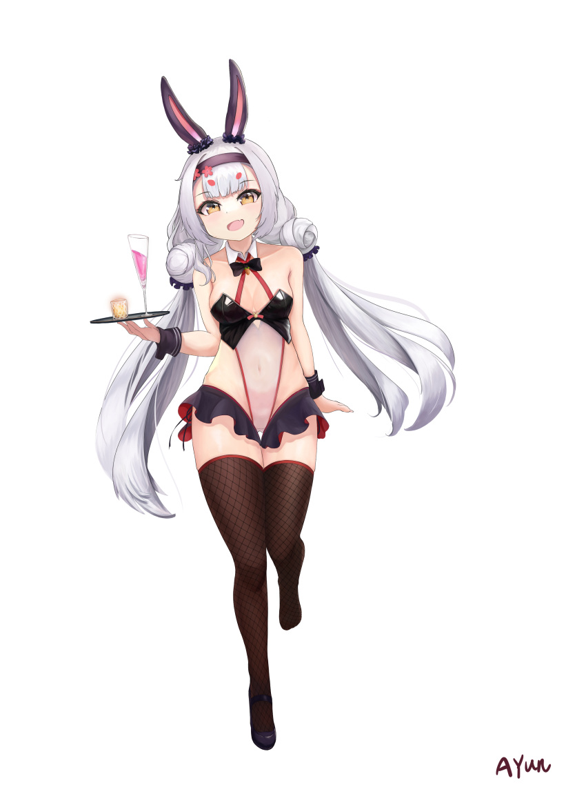 1girl absurdres animal_ears ayun azur_lane black_footwear breasts brown_legwear chair covered_navel detached_collar extra_eyebrows fang highres holding holding_tray long_hair looking_at_viewer microskirt official_alternate_costume open_mouth playboy_bunny rabbit_ears shimakaze_(azur_lane) shimakaze_(world's_speediest_bunny_waitress)_(azur_lane) shoes simple_background skin_fang skirt small_breasts solo thighhighs tray very_long_hair white_background white_hair wrist_cuffs yellow_eyes