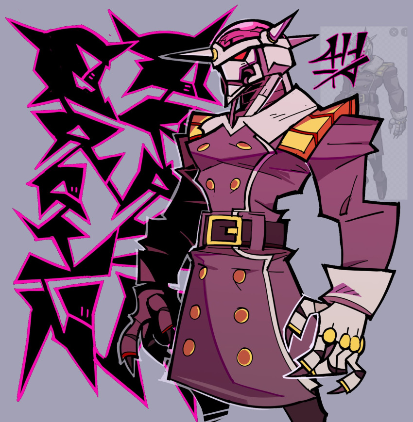 1boy belt belt_buckle brain brain_drain_(skullgirls) buckle character_name claws cowboy_shot cropped_legs cyborg english_commentary gloves grey_background highres jacket long_coat mechanical_hands red_eyes reference_photo sh0r0ken skullgirls solo white_gloves zoom_layer