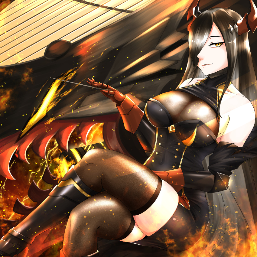 1girl absurdres azur_lane bare_shoulders black_dress black_hair black_legwear breasts crossed_legs dress fire friedrich_der_grosse_(azur_lane) from_side gloves hair_over_one_eye highres horns large_breasts long_hair looking_at_viewer mechanical_horns notsushi red_gloves red_horns short_dress sideways_glance solo thighhighs very_long_hair yellow_eyes zettai_ryouiki