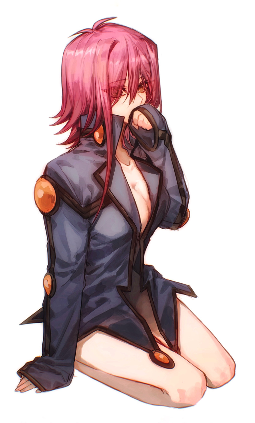 1girl absurdres bangs bare_legs blue_jacket borrowed_garments breasts brown_eyes cleavage collarbone eyes_visible_through_hair full_body hair_between_eyes hair_over_one_eye highres izayoi_aki jacket long_sleeves medium_breasts naked_jacket naoki_(2rzmcaizerails6) open_clothes open_jacket pink_hair shiny shiny_hair short_hair_with_long_locks sidelocks simple_background sitting sleeves_past_wrists solo white_background yu-gi-oh! yu-gi-oh!_5d's