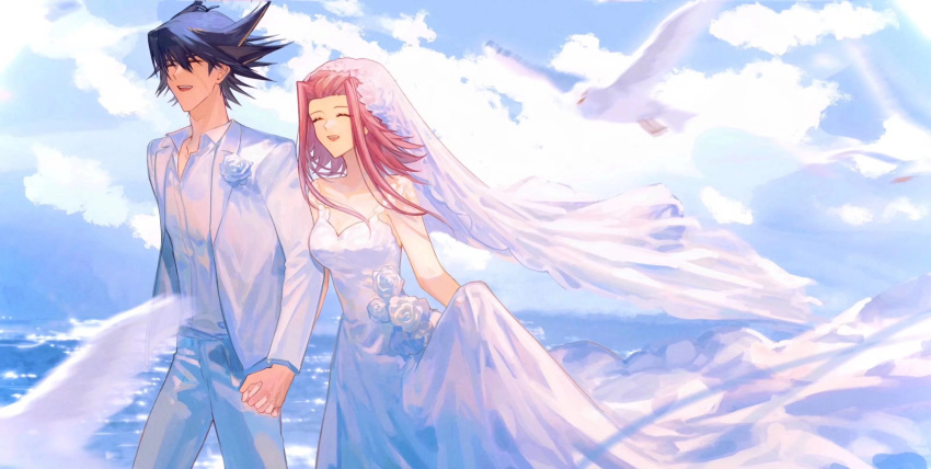 1boy 1girl :d ^_^ alternate_costume blonde_hair blue_hair bridal_veil closed_eyes cloud collarbone collared_shirt day dress dress_shirt floating_hair flower fudou_yuusei highres holding_hands husband_and_wife interlocked_fingers izayoi_aki jacket long_dress long_hair long_sleeves multicolored_hair naoki_(2rzmcaizerails6) ocean open_clothes open_jacket open_mouth open_shirt outdoors pants pink_hair rose shirt sleeveless sleeveless_dress smile spiked_hair sunlight two-tone_hair veil wedding_dress white_dress white_flower white_jacket white_pants white_rose white_shirt wing_collar yu-gi-oh! yu-gi-oh!_5d's
