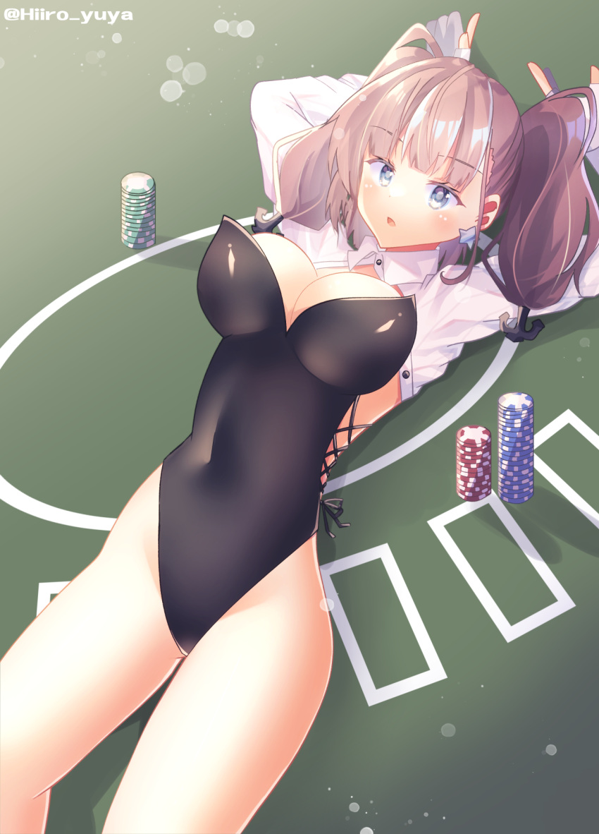 1girl anchor_hair_ornament atlanta_(kancolle) bare_legs black_leotard breasts brown_hair casino_card_table collared_shirt covered_navel detached_collar earrings grey_eyes hair_ornament highres hiiro_yuya jewelry kantai_collection large_breasts leotard long_hair long_sleeves looking_at_viewer looking_up lying open_mouth poker poker_chip poker_table round_table shirt single_earring solo star_(symbol) star_earrings strapless strapless_leotard twitter_username two_side_up wrist_cuffs