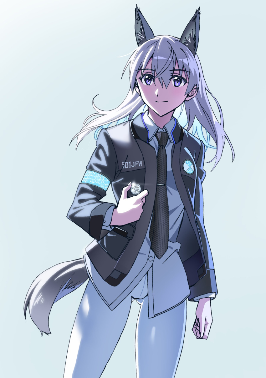 1girl absurdres animal_ears black_necktie blue_eyes blush closed_mouth eila_ilmatar_juutilainen eyebrows_visible_through_hair fox_ears fox_tail highres kogarashi51 long_hair looking_at_viewer military military_uniform necktie pantyhose shiny shiny_hair silver_hair smile solo strike_witches tail uniform white_hair white_legwear world_witches_series