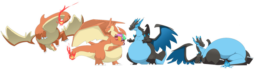 ambiguous_gender belly big_belly blue_body charizard digital_media_(artwork) feral fire flaming_tail flying food group hi_res hyenahyena lying mega_charizard mega_charizard_x mega_charizard_y mega_evolution nintendo orange_body overweight pok&eacute;mon pok&eacute;mon_(species) sequence smile standing video_games