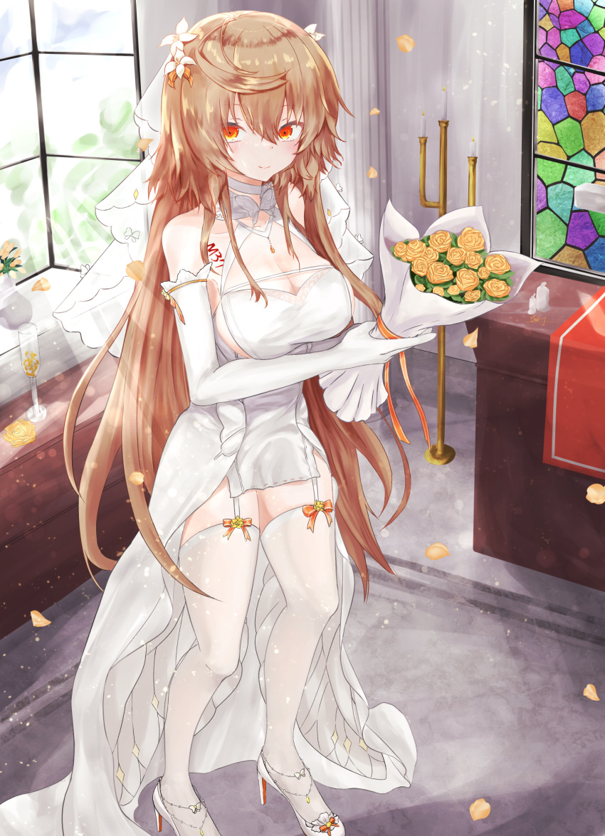 1girl bangs blonde_hair blush bouquet breasts candle church cleavage closed_mouth collarbone dress elbow_gloves eyebrows_visible_through_hair flower garter_straps girls'_frontline gloves hair_flower hair_ornament high_heels highres holding holding_bouquet holding_flower jewelry long_hair looking_at_viewer m37_(a_long_vacation_with_ithaca)_(girls'_frontline) m37_(girls'_frontline) medium_breasts necklace official_alternate_costume orange_eyes petals smile solo standing thighhighs wedding_dress white_dress white_footwear white_gloves white_legwear window yoshi-j
