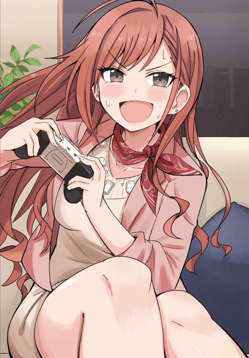 ahoge arisugawa_natsuha bandana bangs beige_dress blush brown_eyes commentary_request controller couch dress earrings eyebrows_visible_through_hair gougoku highres idolmaster idolmaster_shiny_colors indoors jacket jewelry joystick legs long_hair open_mouth orange_hair pink_jacket plant playing_games sitting solo sweat v-shaped_eyebrows