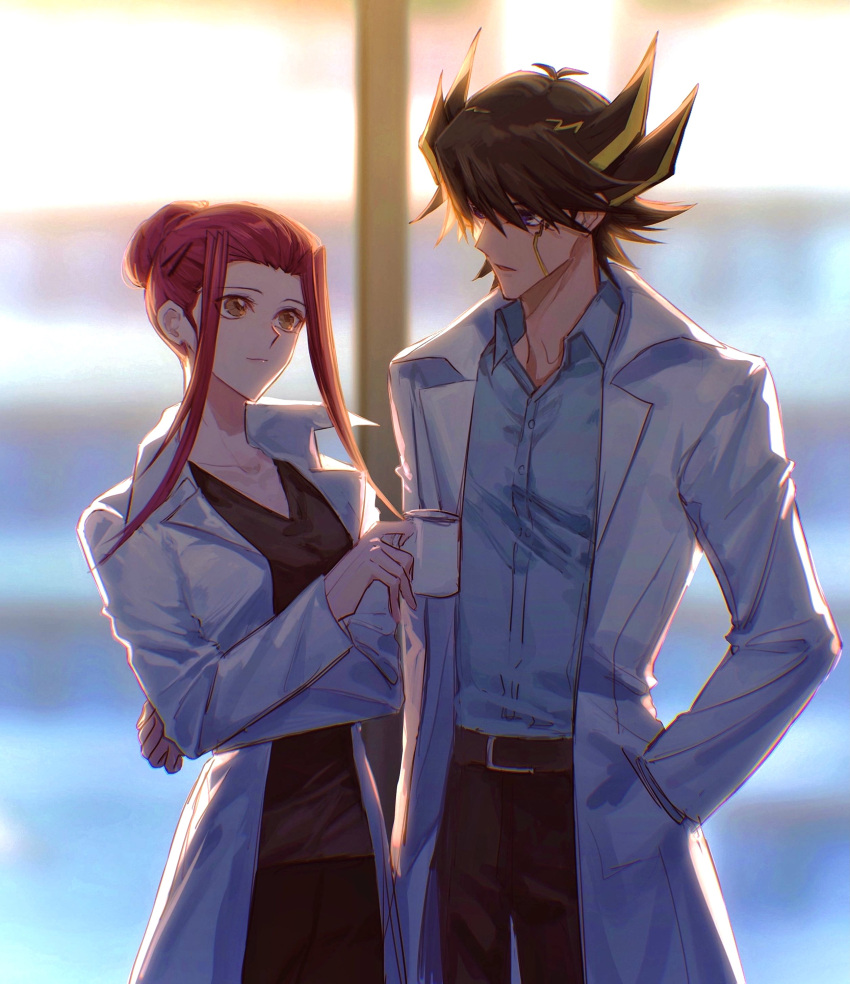 1boy 1girl absurdres belt_buckle black_hair black_pants black_shirt blonde_hair blue_eyes blue_shirt blurry blurry_background brown_eyes buckle coffee_mug collarbone collared_shirt crossed_arms cup dress_shirt eye_contact fudou_yuusei hand_in_pocket highres holding holding_cup izayoi_aki labcoat looking_at_another mug multicolored_hair naoki_(2rzmcaizerails6) pants red_hair shirt short_hair_with_long_locks sidelocks spiked_hair tied_hair two-tone_hair wing_collar yu-gi-oh! yu-gi-oh!_5d's