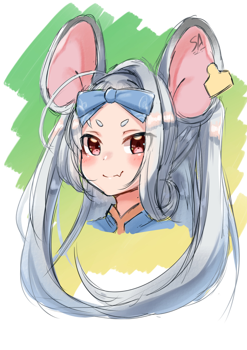 absurdres animal_ears blue_archive blue_bow blue_dress blush bow chinese_clothes dress ear_tag fang grey_hair grin hair_ornament hair_ribbon highres long_hair long_sleeves mouse_ears mouse_girl red_eyes ribbon saya_(blue_archive) smile tsugumi_amon upper_body very_long_hair