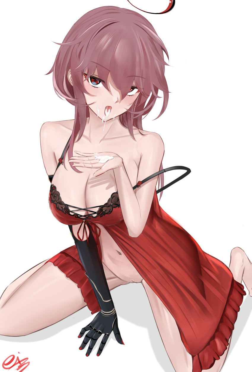 1girl absurdres alternate_costume arm_up azur_lane bangs bare_shoulders blush breasts cleavage collarbone cum cum_in_mouth cum_on_hands duca_degli_abruzzi_(azur_lane) eiundmarmalade eyebrows_visible_through_hair facial gauntlets hair_between_eyes halo hand_on_floor highres lingerie long_hair looking_at_viewer medium_breasts navel nightgown on_floor open_mouth red_eyes red_hair red_nightgown solo tongue underwear white_background