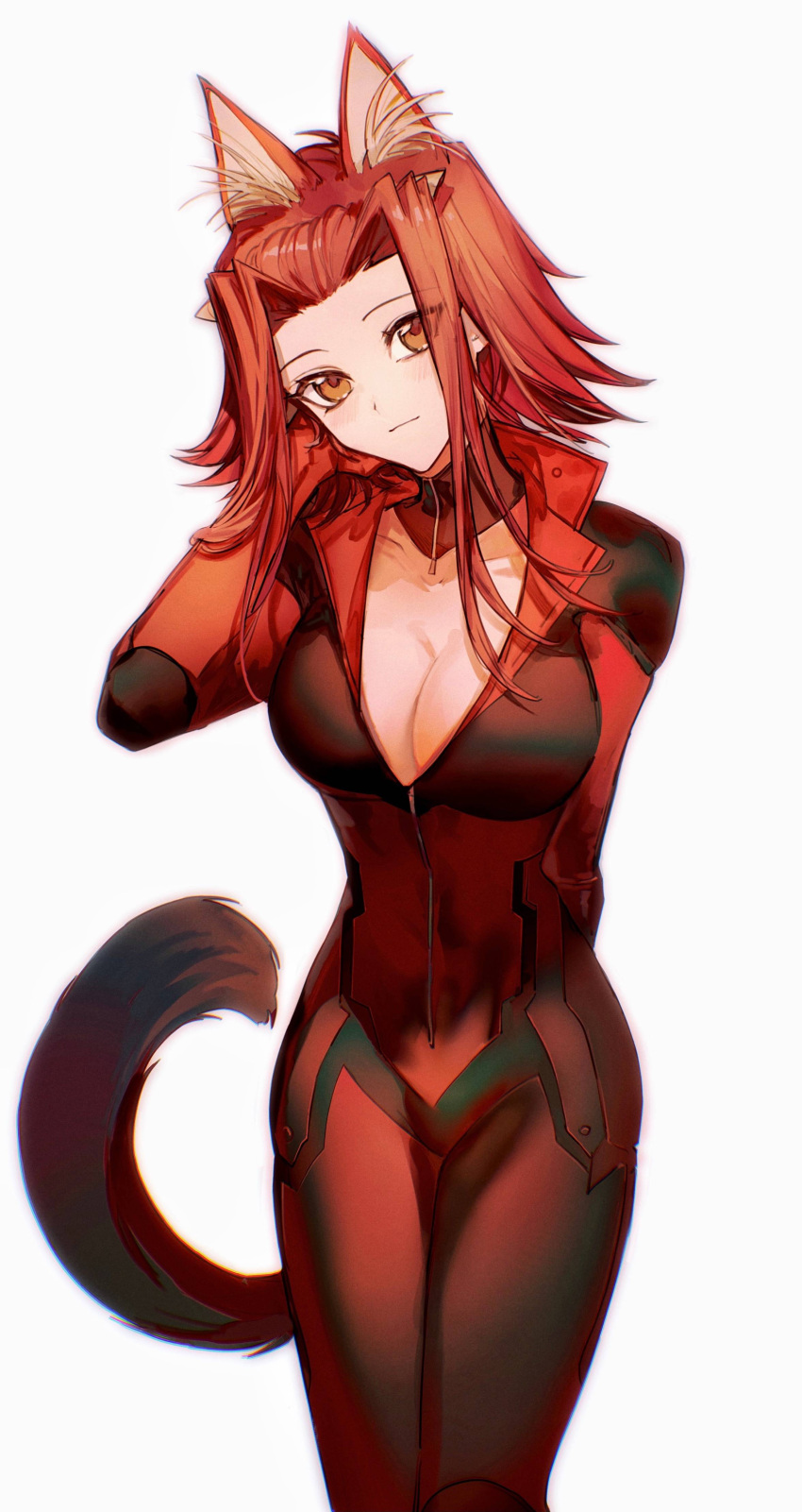 1girl absurdres animal_ear_fluff animal_ears arm_behind_back biker_clothes bikesuit bodysuit breasts brown_eyes cleavage closed_mouth cowboy_shot dog_ears dog_tail eyes_visible_through_hair head_tilt highres izayoi_aki kemonomimi_mode large_breasts light_smile long_hair looking_at_viewer naoki_(2rzmcaizerails6) partially_unzipped red_bodysuit red_hair simple_background solo standing tail white_background yu-gi-oh! yu-gi-oh!_5d's