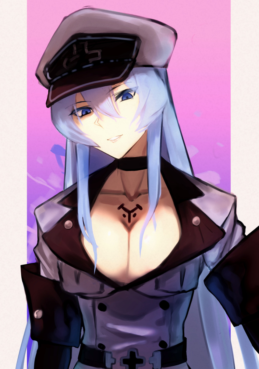 1girl akame_ga_kill! blue_eyes blue_hair breasts chest_tattoo choker cleavage commentary_request esdeath eyebrows_visible_through_hair hair_between_eyes haku076 hat highres large_breasts long_hair looking_at_viewer military military_uniform open_mouth peaked_cap simple_background smile solo tattoo thighhighs uniform very_long_hair