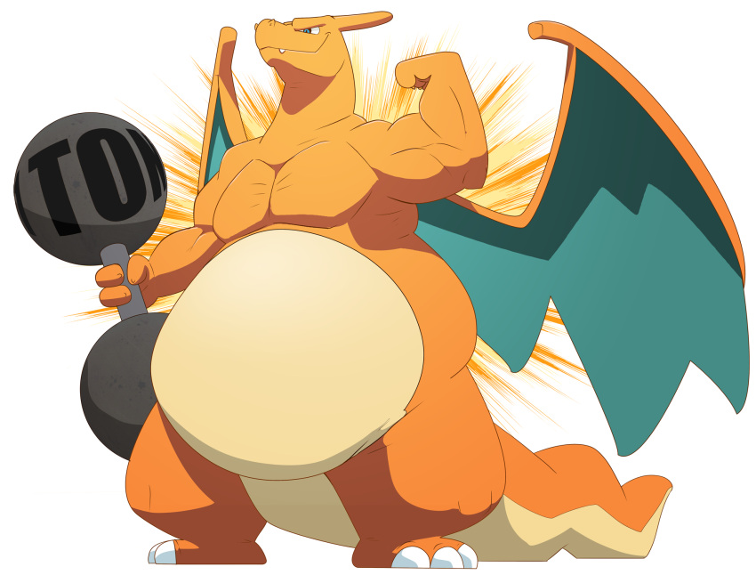2016 3_toes ambiguous_gender belly blue_eyes charizard claws digital_media_(artwork) digitigrade dragon dumbbell exercise feet feral hi_res hyenahyena muscular nintendo orange_body pok&eacute;mon pok&eacute;mon_(species) simple_background smile solo toes video_games weights white_background wings