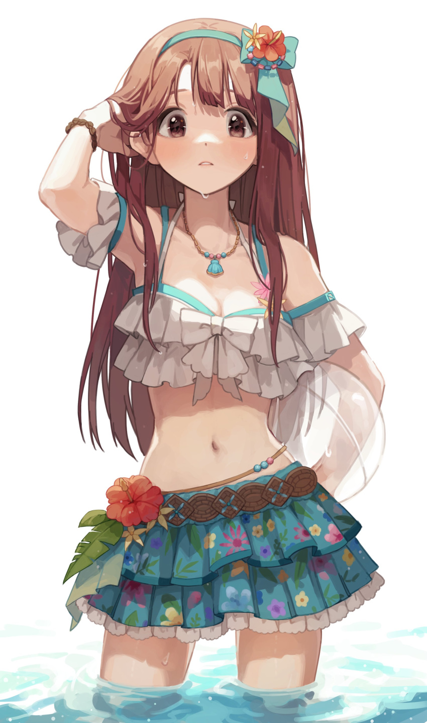 absurdres adjusting_hair arm_up blue_skirt bow breasts brown_eyes brown_hair cleavage collarbone flower frilled_skirt frilled_swimsuit frills hair_bow hair_flower hair_ornament hairband hano9789 highres idolmaster idolmaster_million_live! idolmaster_million_live!_theater_days light_blush long_hair looking_at_viewer medium_breasts navel parted_lips shell_necklace skirt solo standing stomach swimsuit tanaka_kotoha water wet wrist_straps